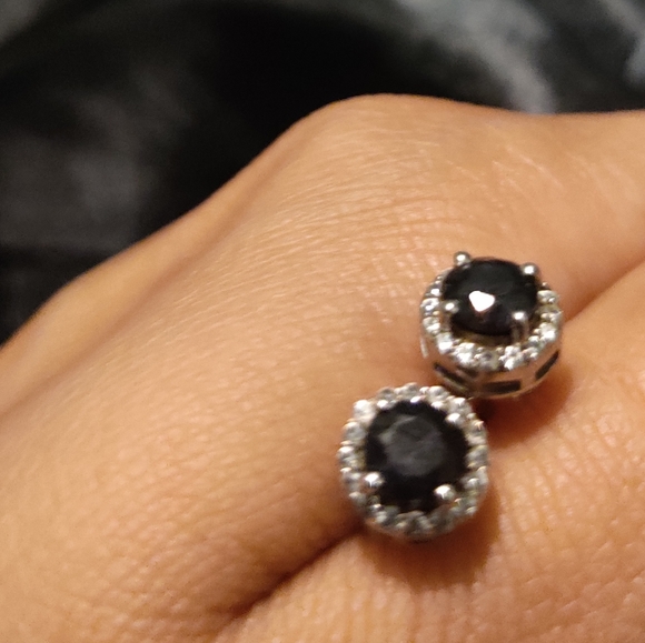 Sterling Silver Zircon Halo Natural Sapphire Stud Earrings SAVVY CIE JEWELS - Picture 6 of 9